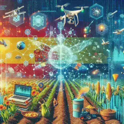 "Empresarios españoles desarrollando soluciones de inteligencia artificial para la predicción de cosechas agrícolas en una startup innovadora."