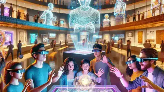 "Experiencia inmersiva de realidad aumentada en un museo mexicano, mostrando instalaciones interactivas y obras de arte en un entorno moderno."