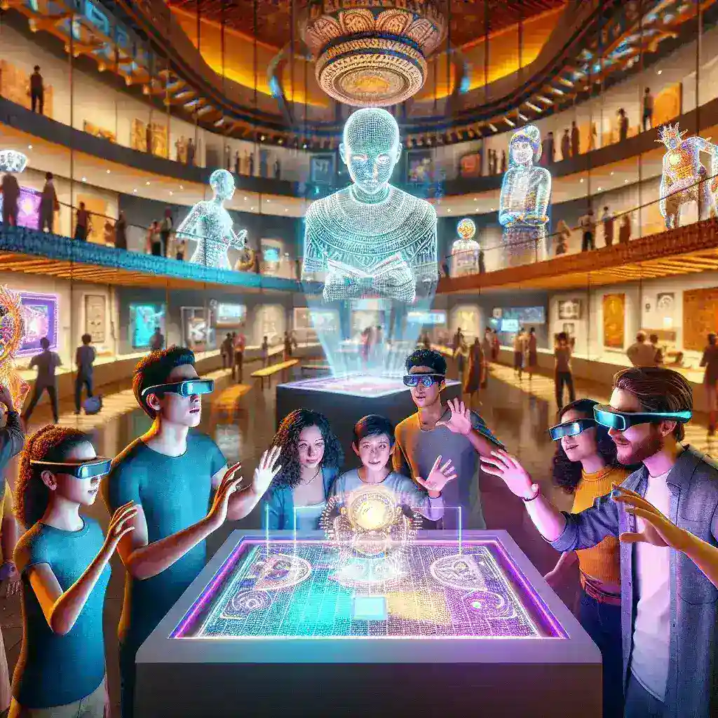 "Experiencia inmersiva de realidad aumentada en un museo mexicano, mostrando instalaciones interactivas y obras de arte en un entorno moderno."