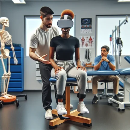 "Pacientes en hospitales gallegos usando gafas de realidad virtual (VR) durante sesiones de terapia de rehabilitación, mejorando su proceso de recuperación."